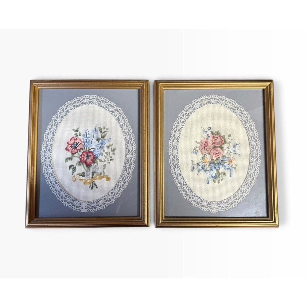 VTG Framed Cross Stitch Flower Bouquet Set of 2 8x10 Gold Frame Cottage Core